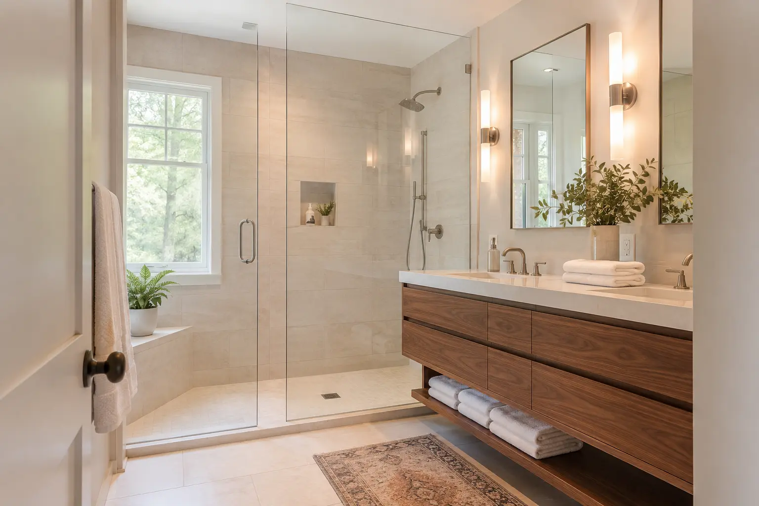 Finished Fairfield County bathroom remodel with a glass shower and walnut vanity