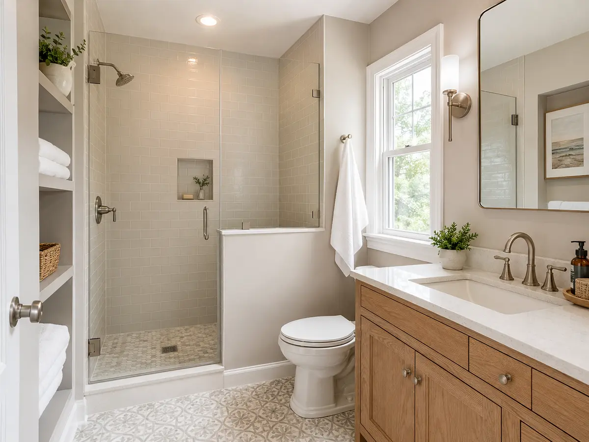 Finished compact bathroom with walk-in shower and oak vanity